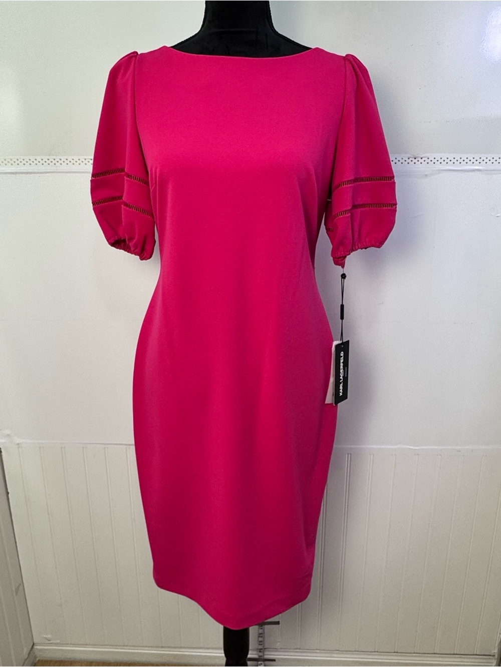 NWT Karl Lagerfeld Paris Pink Stretch Sheath Dress Puff Sleeve Size 6 Chic